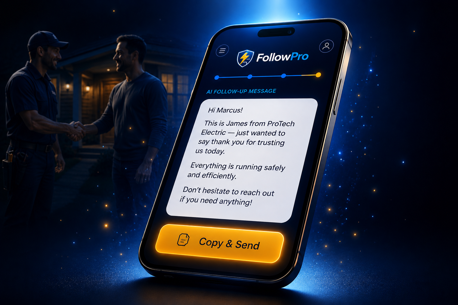 FollowPro app on a phone generating an AI follow-up message for a happy customer